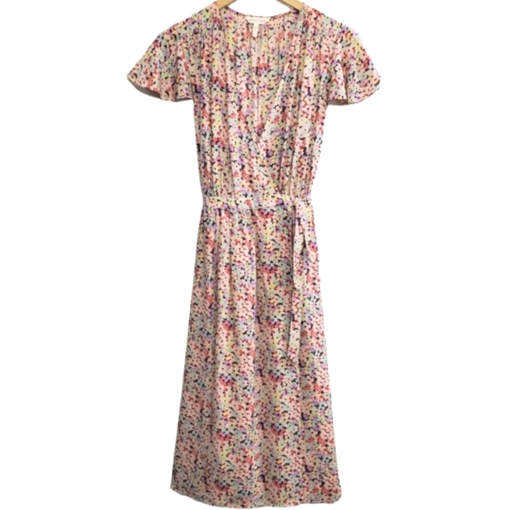 Rebecca Taylor Silk MARGO Pink Floral Wrap Short Sleeve V-neck Dress